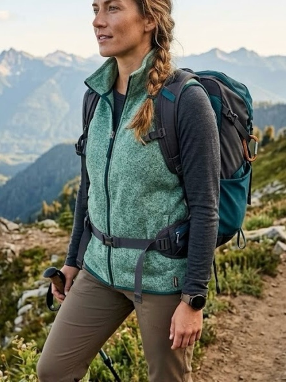 Eddie Bauer Green Heathered Sweater Fleece Full Zip Vest Hiking Outdoors